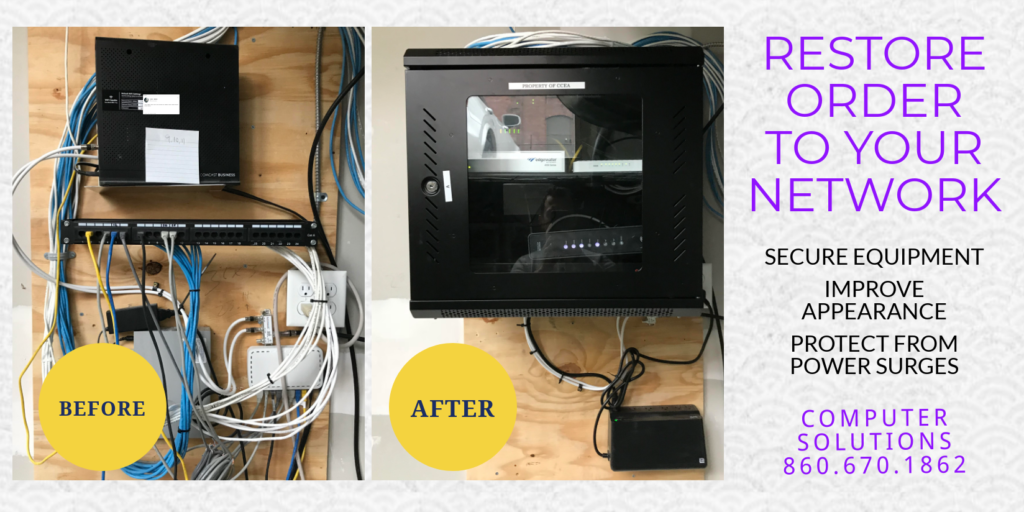  Before and after images of messy wires, then organized wires within the case. Text - Restore order to you network