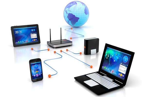 Networking support graphic (no text)- computer, tablet, laptop, router, and a globe connected by blue wires indicative of the internet and connectivity of our devices