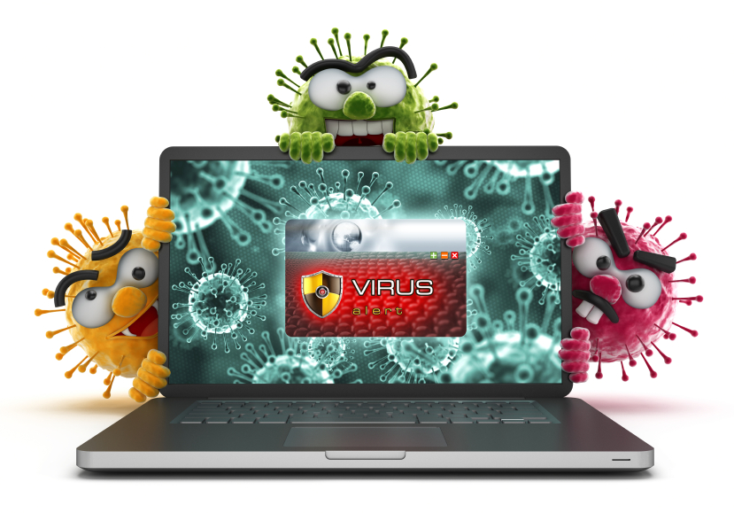 image - a laptop with a virus alert on screen, surrounded by cartoon germs