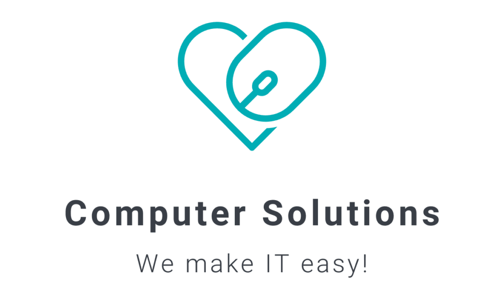 Image- Computer Solutions' teal heart outline logo with a mouse outline making up one side of the heart

Text - Computer Solutions we make IT easy!

