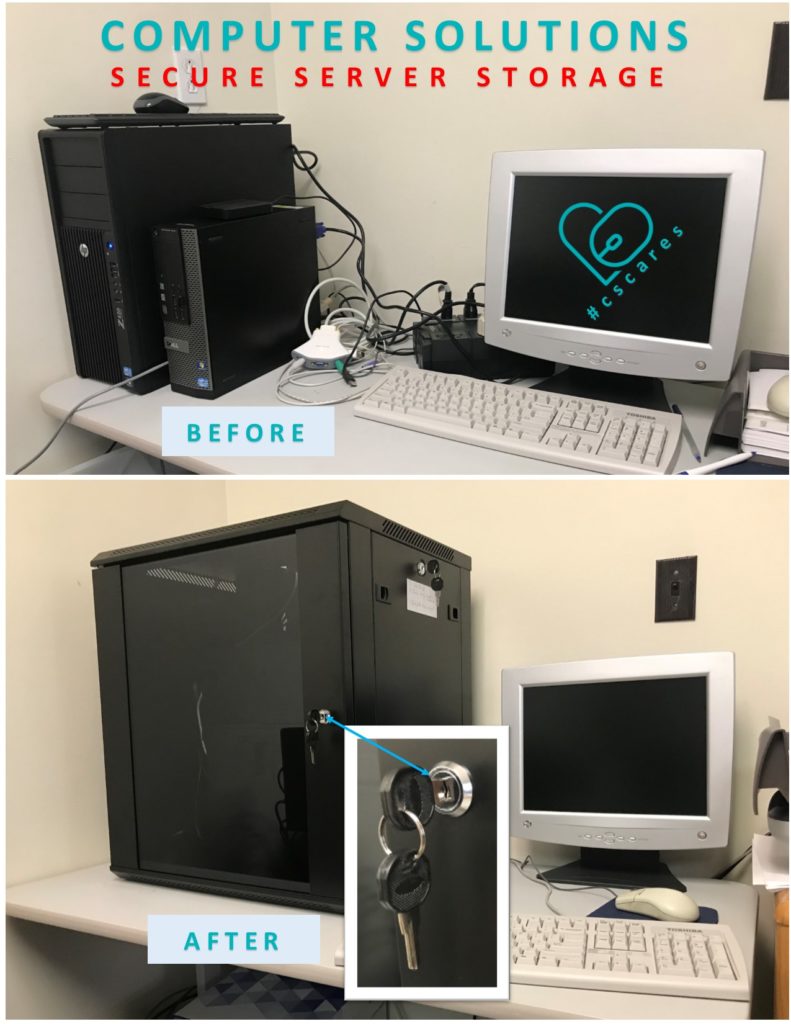 Image- split image of uncontained server and wires above as before image, bottom as after image with devices secure in a server case, showcasing key and lock. 