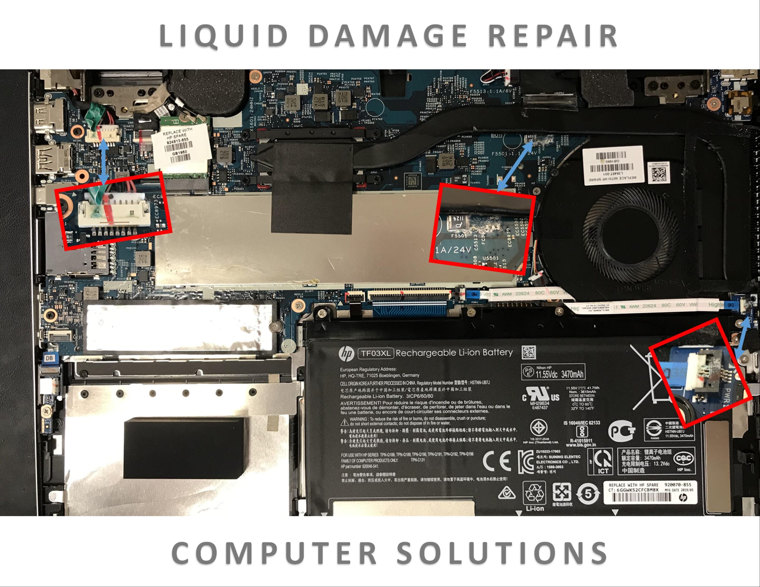 text - Liquid Spill Damage

image - red squares indicating damage