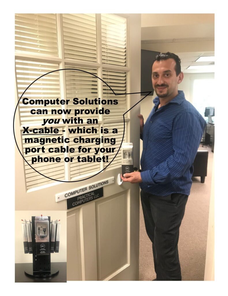 text - computer solutions can now provide you with an x-cable which is a magnetic charging port cable for your phone, tablet, or switch! 

image - our boss Boris showcasing the x-cable