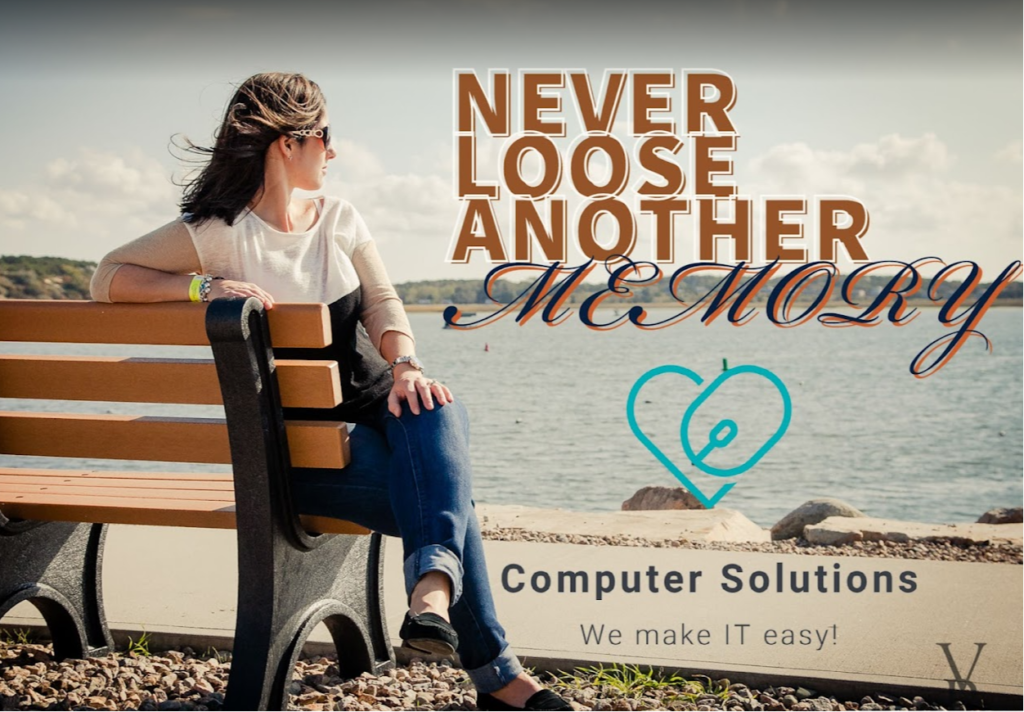 Text- Never loose another memory. Computer Solutions makes IT easy
Image- Woman sitting on a bench looking out to sea