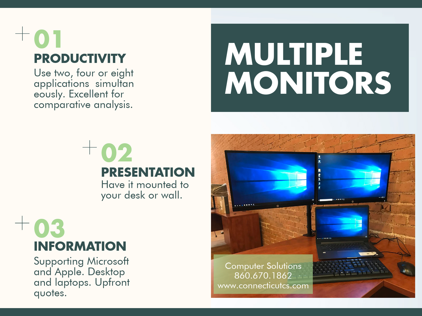 Multiple monitors setup — productivity, presentation, and information on Windows and Mac