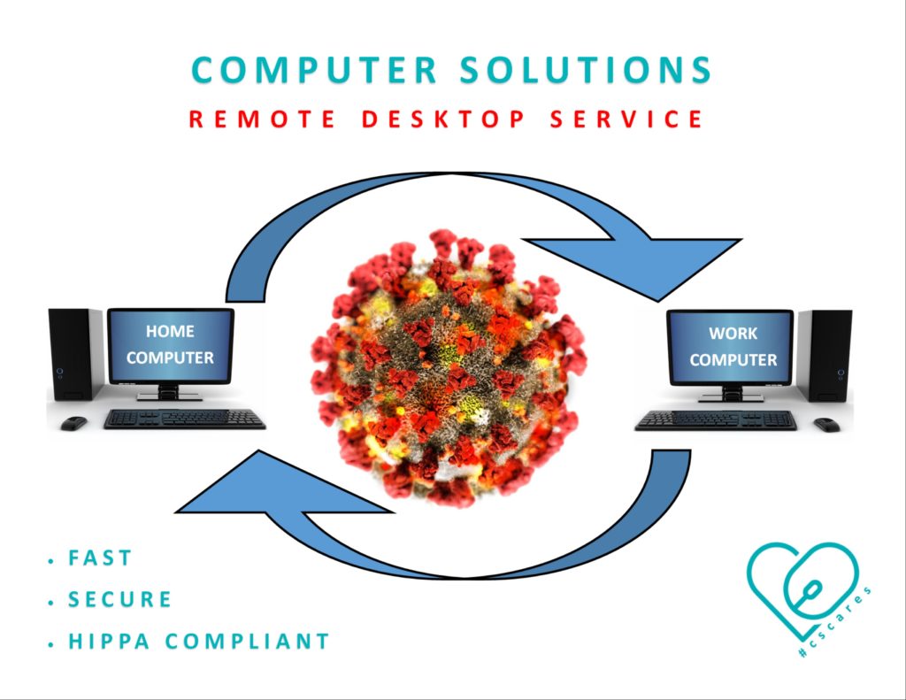 Text- computer solutions REMOTE DESKTOP SERVICE. fast, secure, hippa compliant, large corona virus in center

image- work and home computers, with arrows in a circle, showing that you can use your work computer from home while using remote services.