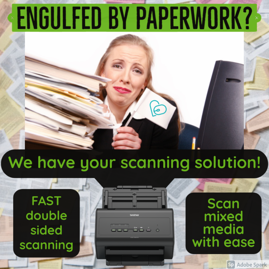 Text- Engulfed by paperwork? we have your scanning solution. Fast double sided scanning, mixed media with ease  Image- blond woman waving white flag, with a pile of papers about to fall on her.