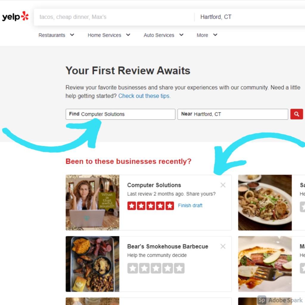 yelp - blue arrow for find company. 