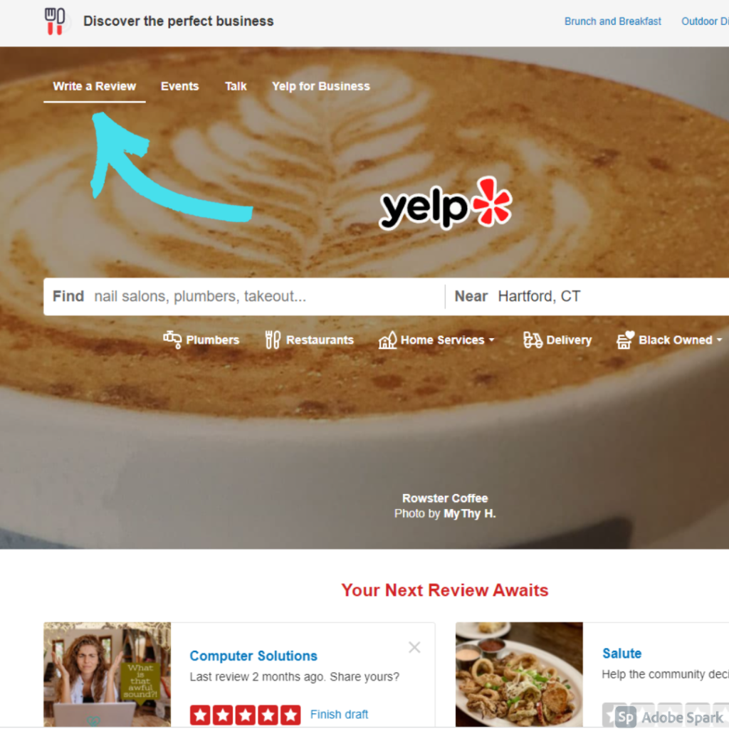 yelp - blue arrow pointing to write a review