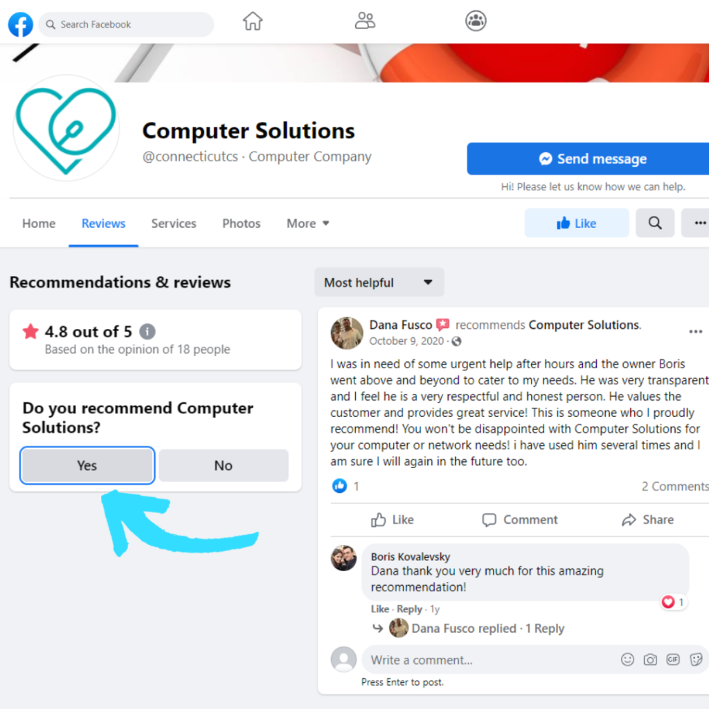 facebook Do your recommend computer solutions? yes button, pointing to blue arrow