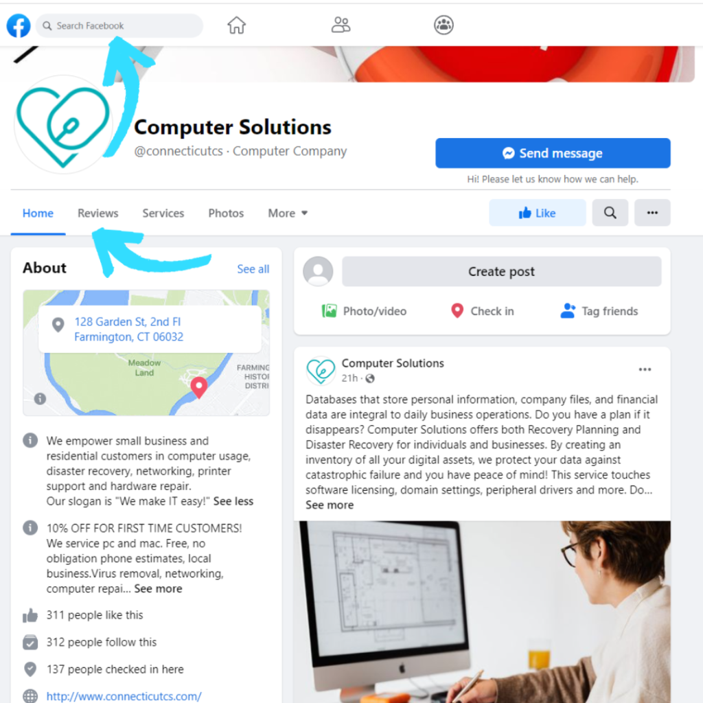 Facebook text- blue arrows pointing to reviews