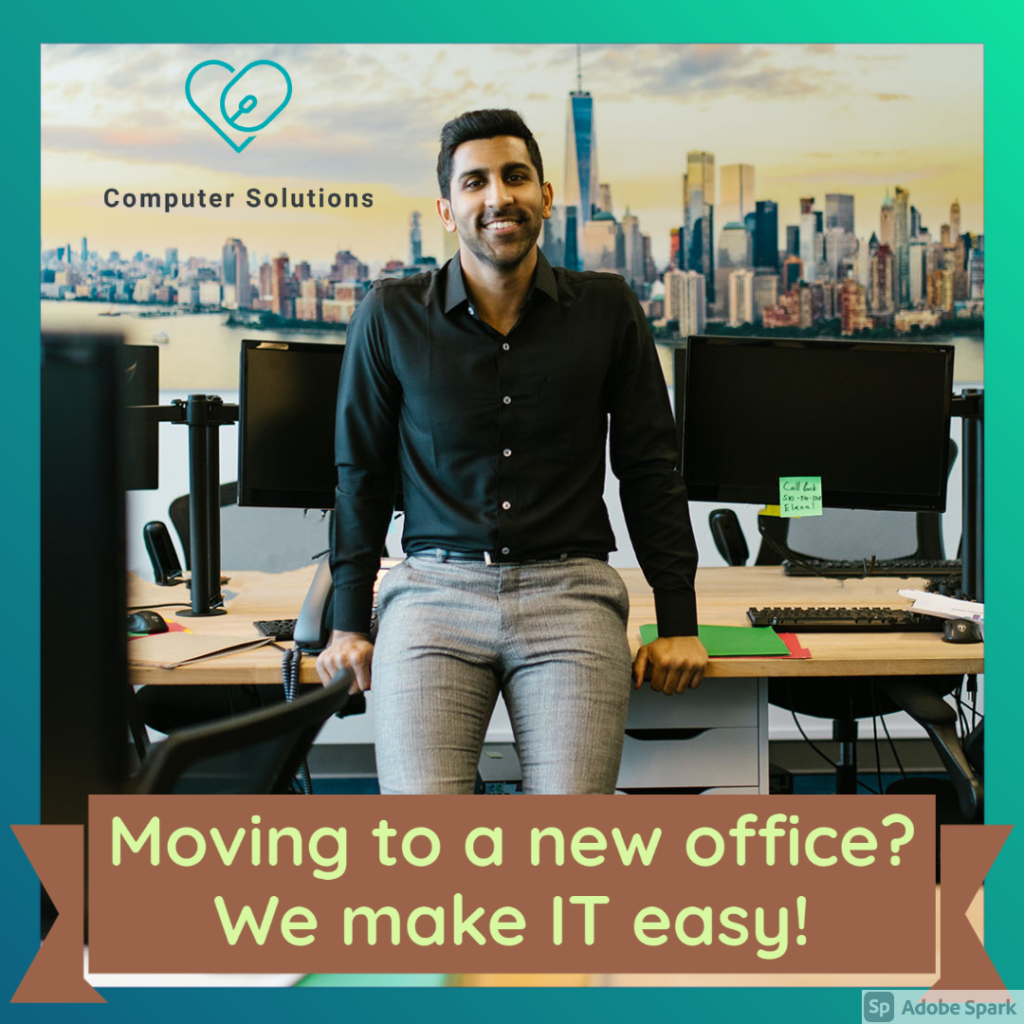 Text - "moving to a new office? We make IT easy" 

Image- Young professional male, sitting on desk with computers, NYC skyline in back