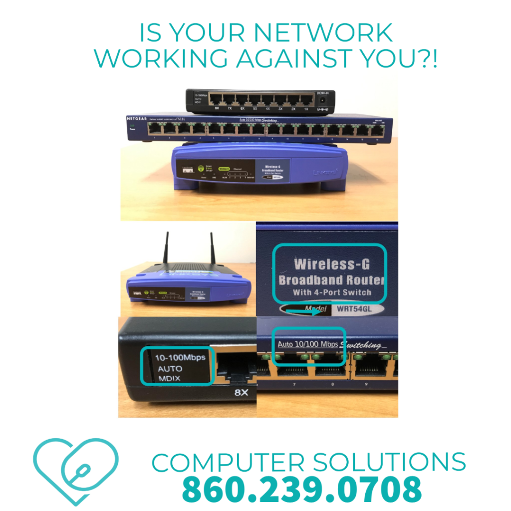 Text - IS your network working against you? Computer Solutions 8602390708

Image- pictures on outdated networking equipment like a switch, contrasted by  new network equipment