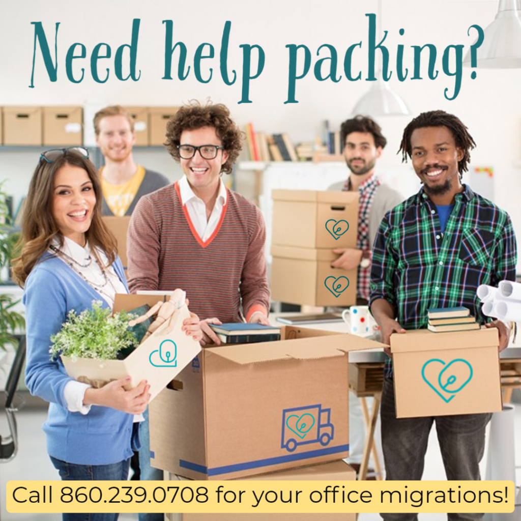 Text - "Need Help Packing? Call 860.239.0708 for your office migrations"

Image - 5 office workers, smiling with moving boxes