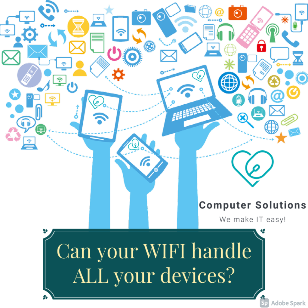 Text - can your wifi handle all your devices? Call Computer Solutions, we make IT easy!

image - 3 hands holding  a phone, tablet, and laptop. above them is a mass of icons for email, internet, ring , cell phones, power buttons, and much more.