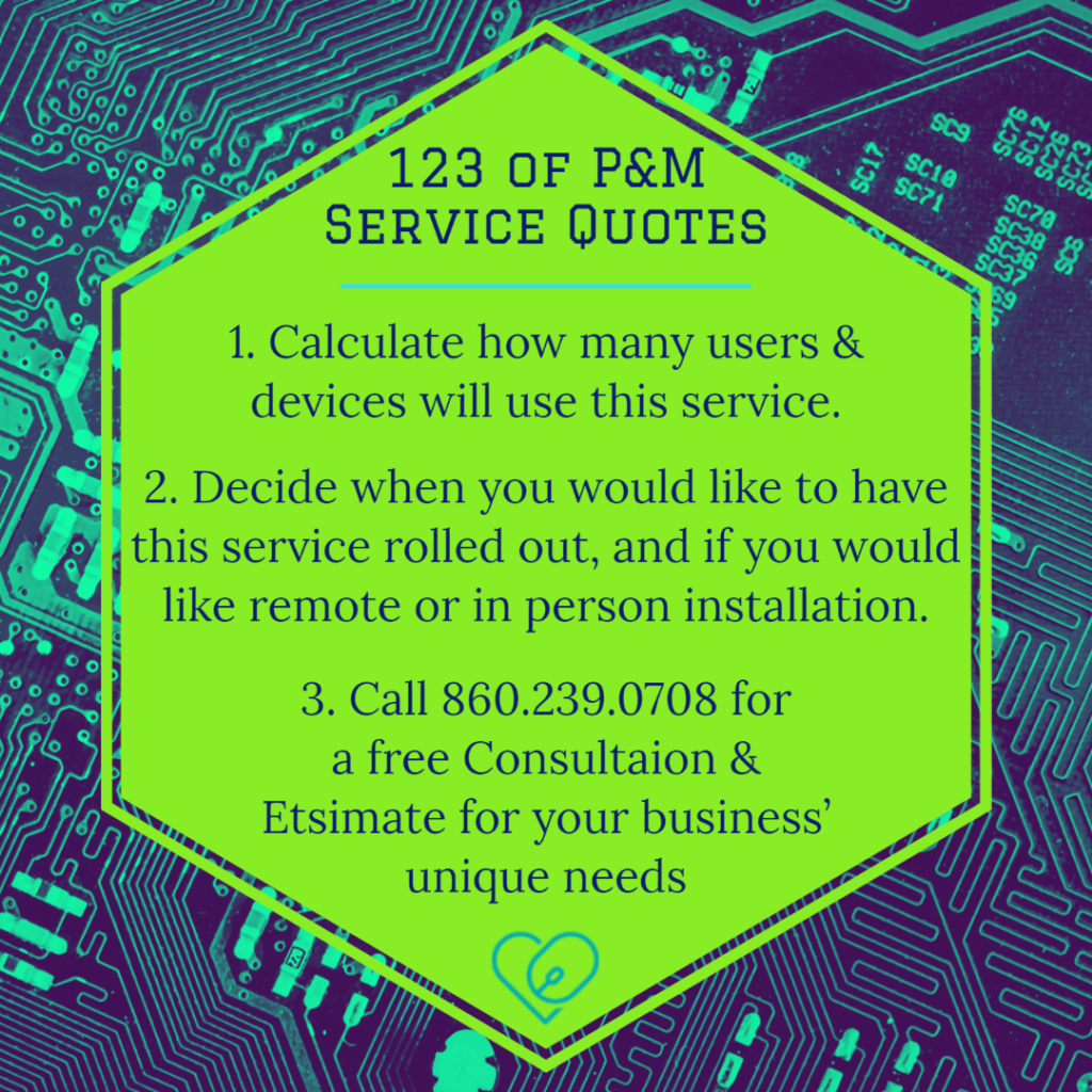 Text - 1.Calculate how many users & devices will use this service. 2. Decide when you would like to have this service filled out and if you would like remote or in person installation. 3. Call 860.239.0708 for a free consultation & estimate for your unique business needs

Image - background is circuits.
