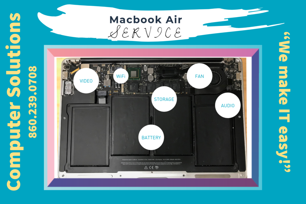 image - blue background titles Macbook air service, with a Macbook Air opened to show internal parts, which are labeled. text -"video, wifi adapter, storage, battery, fan,  and audio"