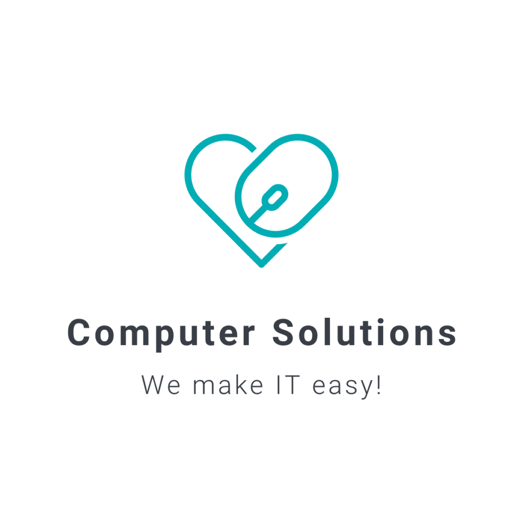 text -Computer solutions makes IT easy! 

image - blue heart outline with computer mouse as one half