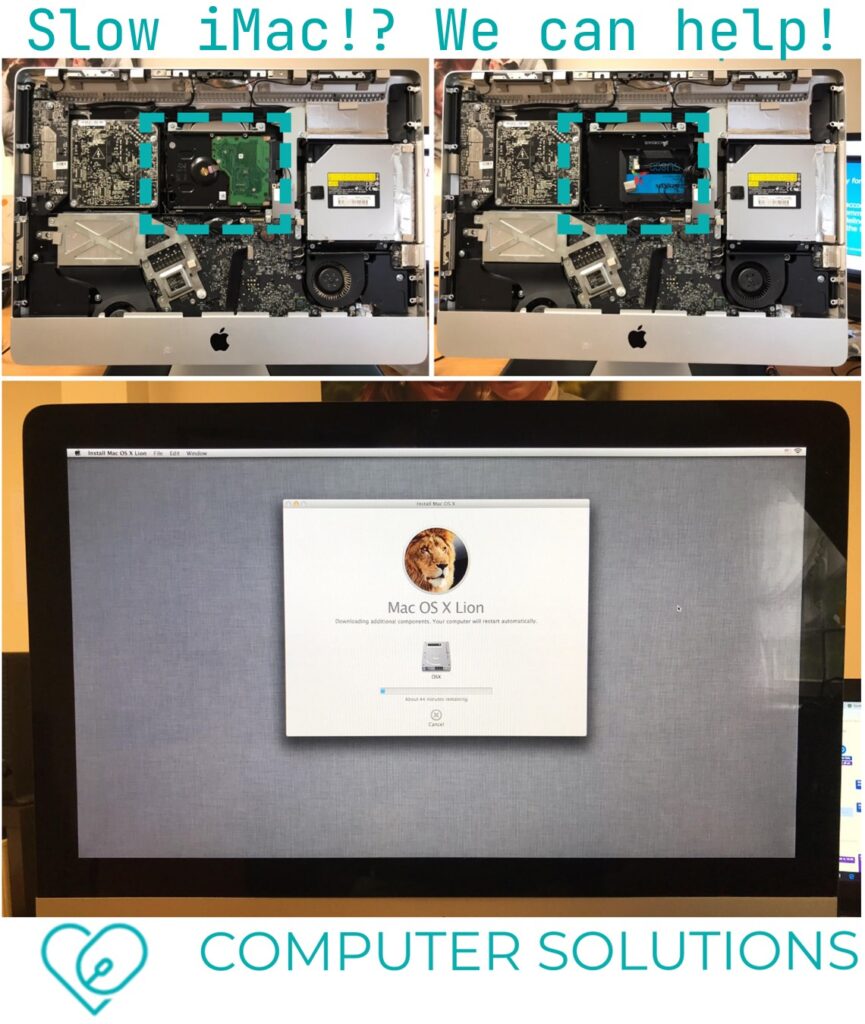 image -iMac opened to show internal components upgrade, one image shows with original HDD, next image shows with new SSD. Below is the IMac put back together and installing the newest OS