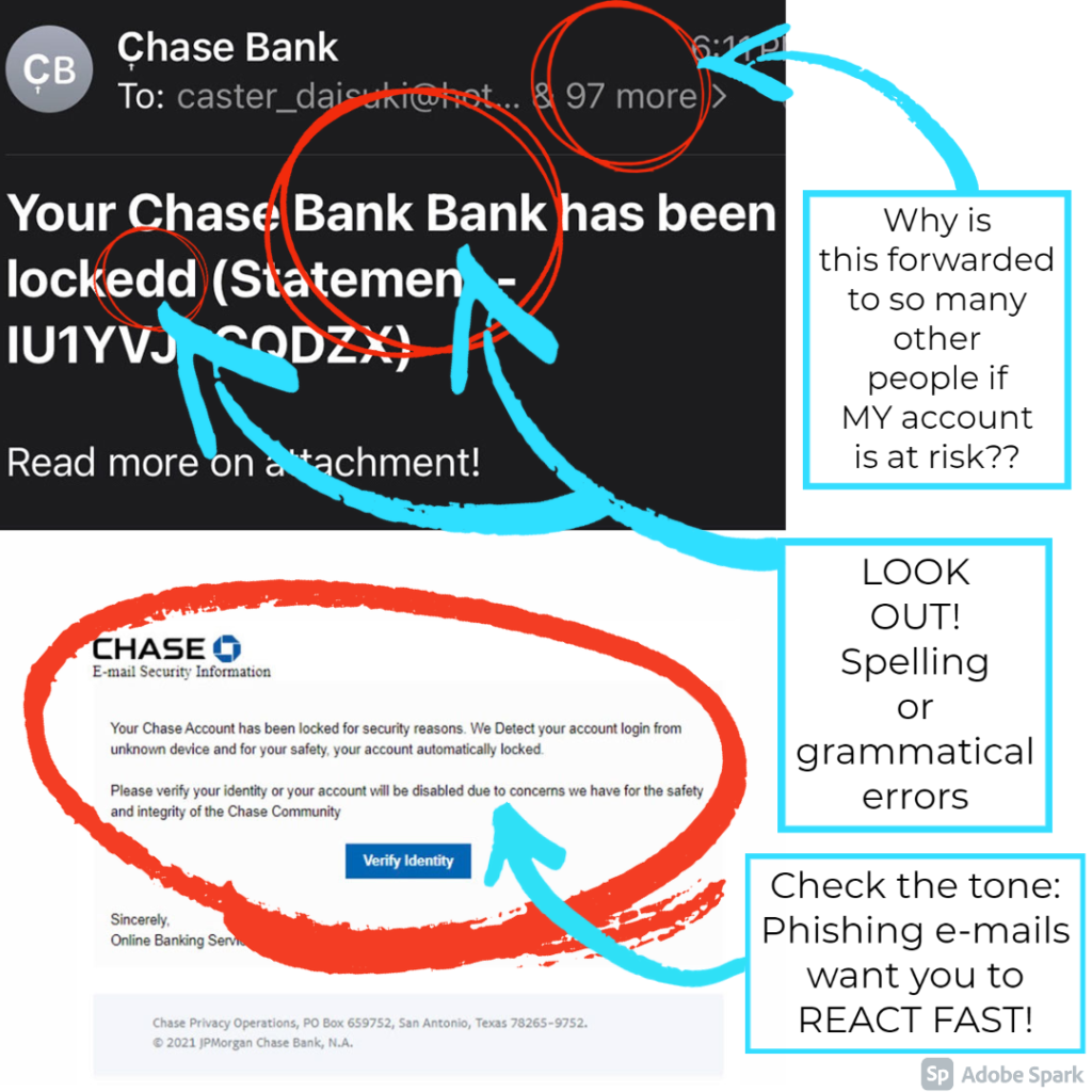 Image - a phishing email from a fake bank. 

text - We pointed out common indicators of a phishing email. Check your URL, does it really go to the branded website? Check how many others the message has been sen to, if its about MY bank why is this message forwarded to 97 morre people?! Look out for spelling or grammar issues. Are they urgin gyou to act fast? BEWARE, scammers pressure you to make mistakes