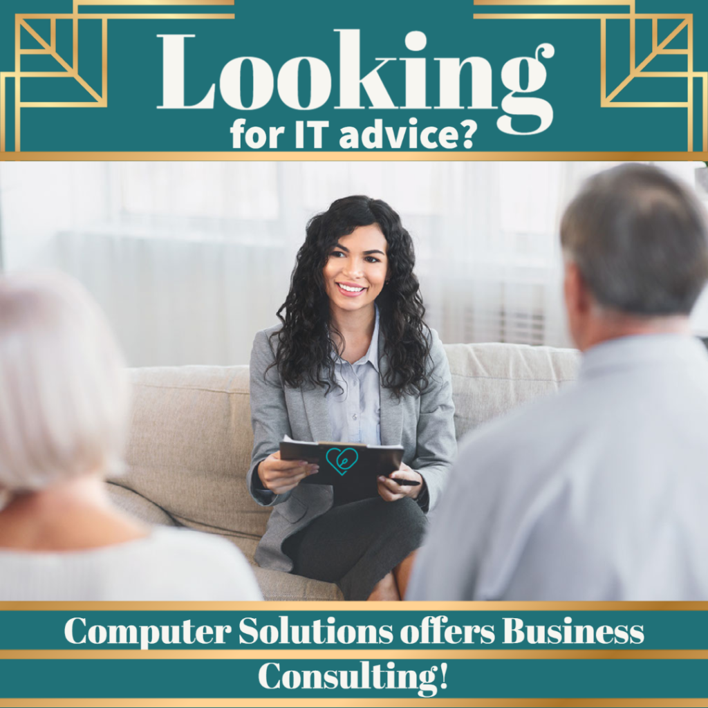 Text- Looking for IT advice? Computer Solutions offers Business Consulting!

Image - Woman, consulting a couple on a couch