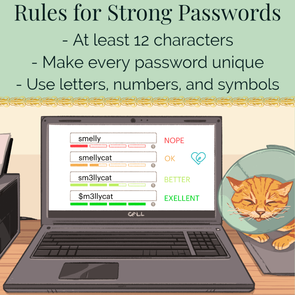 Text - Rules for strong passwords - at least 12 characters, make every password unique, use letters numbers & symbols. image - laptop with cat