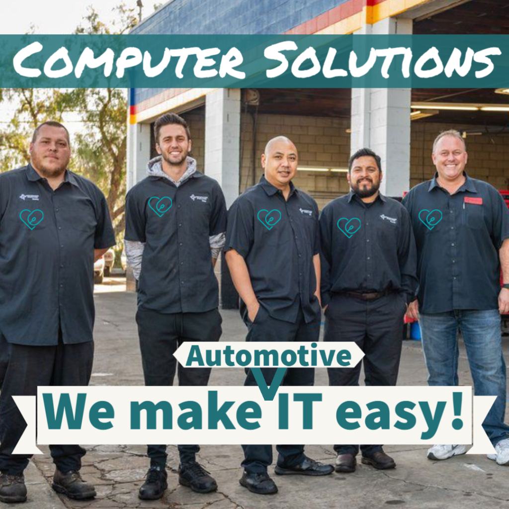 Text - Computer Solutions, We make (automotive) IT easy!

Image - 5 men in uniform, in front of their autobody garage