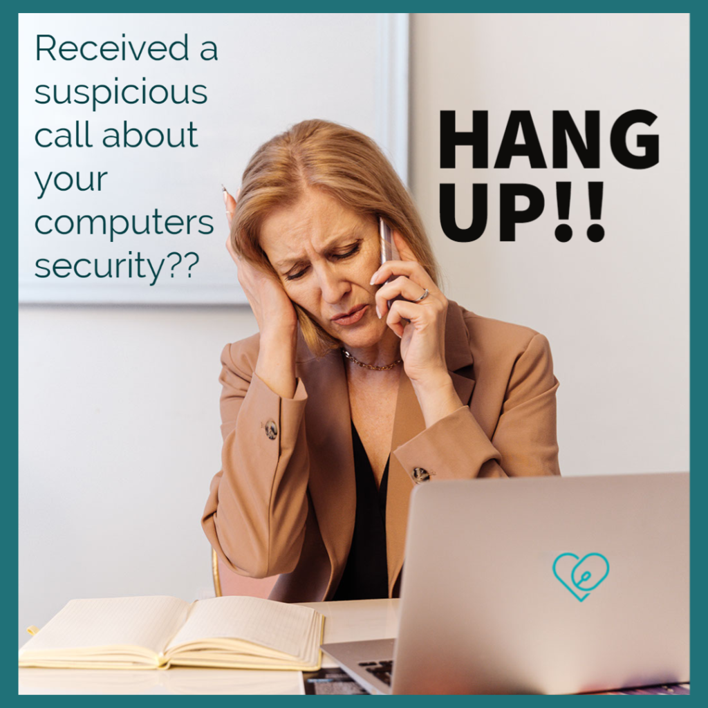 Text - Received a suspicious call about your computer's security? HANG UP!

Image- older woman on the phone in front of a computer, looking concerned 