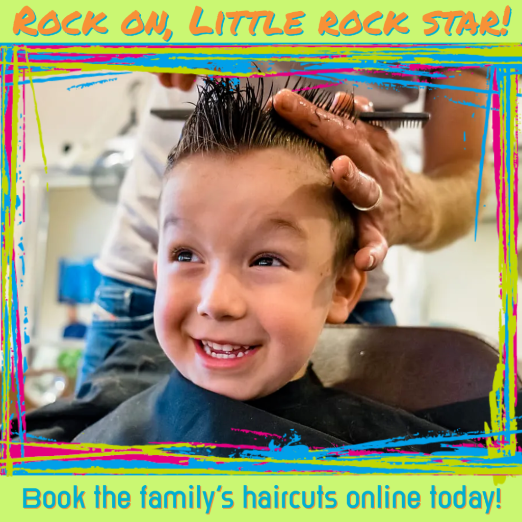 Text- Rock on little rock star! book the families haircuts online today!

Image - cute kid getting haircut, smiling. Bright mixed color border