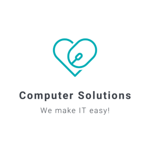 Image- Computer Solutions' teal heart outline logo with a mouse outline making up one side of the heart

Text - Computer Solutions we make IT easy!
