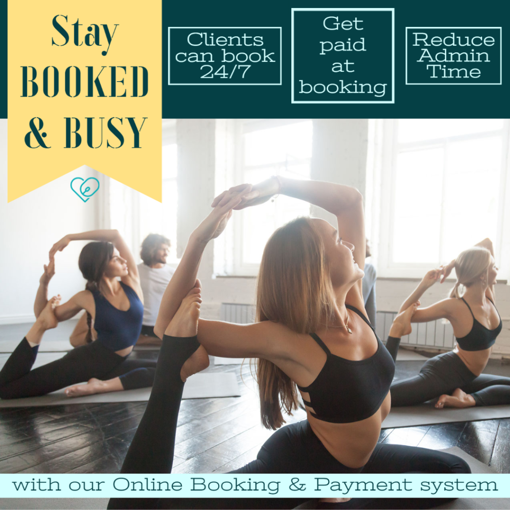 text- booked & busy! with our online booking & payment system

Image- yoga studio, 5 people happily doing yoga