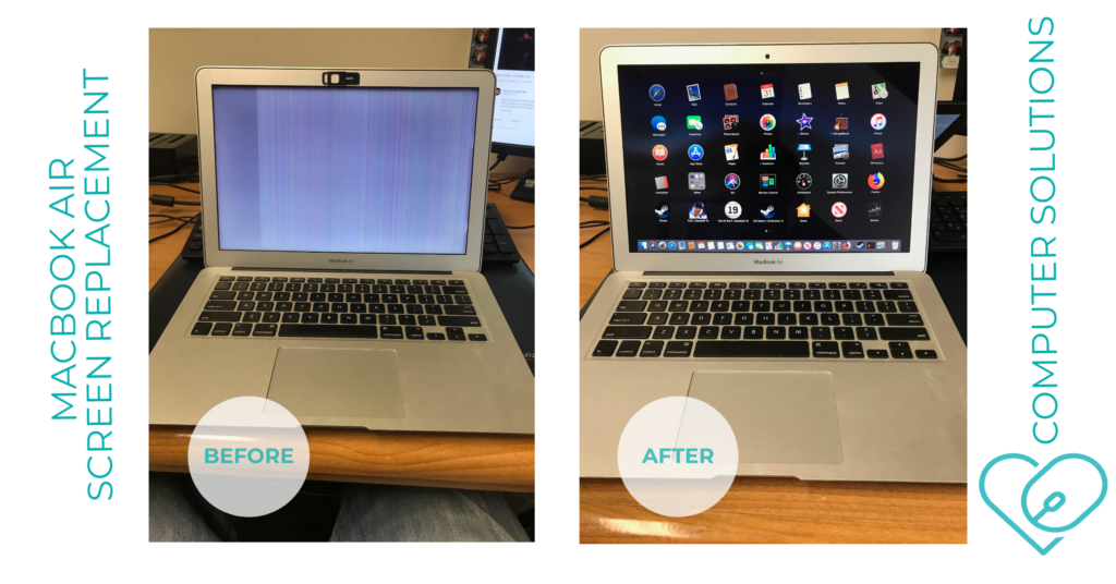 Text - macbook air screen replacement 

image-  before and after of a damaged screen