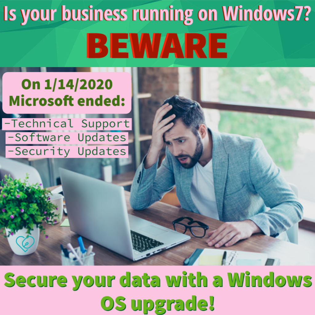Text - is your business running on windows 7? beware - 04/14/20 microsoft ended technical support, software updates, security updates. secure your data with a windows OS upgrade

image - man with his head in his hands looking at his laptop