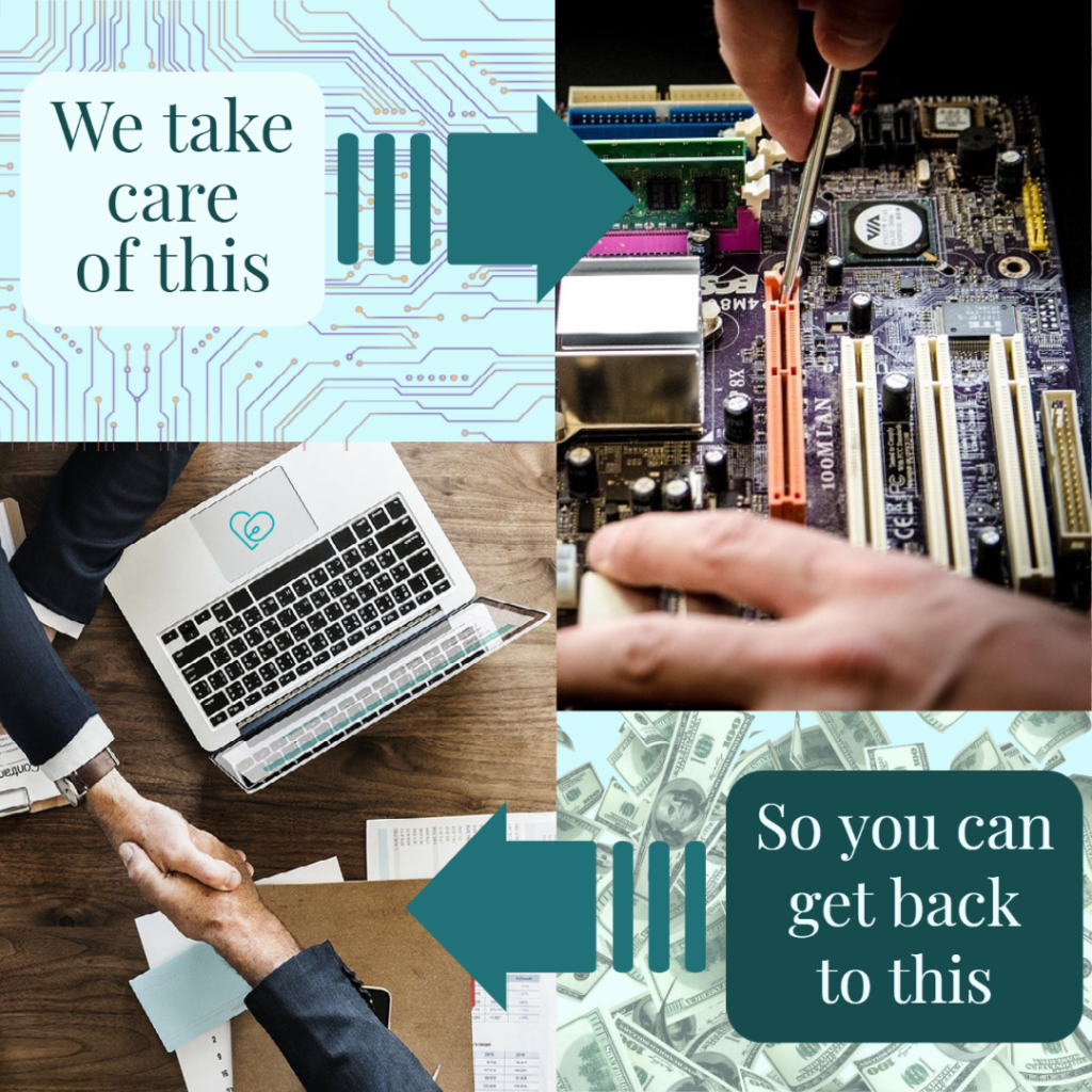 Text: We take care of this (Image shows a motherboard and a person with tweesers working on the hardware) so you can get back to this (image shows a handshake between two businessmen over an open laptop)