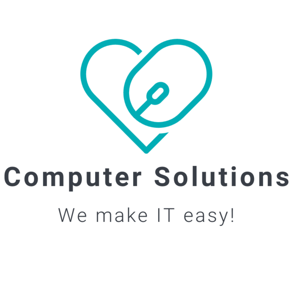 Text: Computer Solutions. We make IT wasy!

Image: teal heart logo with a computer mouse making up right side of heart