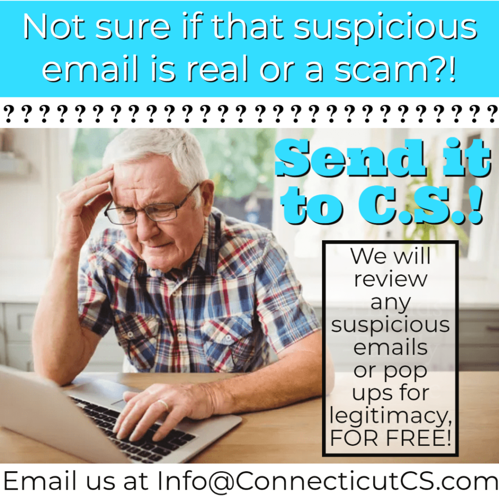 Text - Not sure if that suspicious email is real or a scam?! Go to the source! Call your banks, family, friends, service providers!

image- older man on a laptop, head in his hand