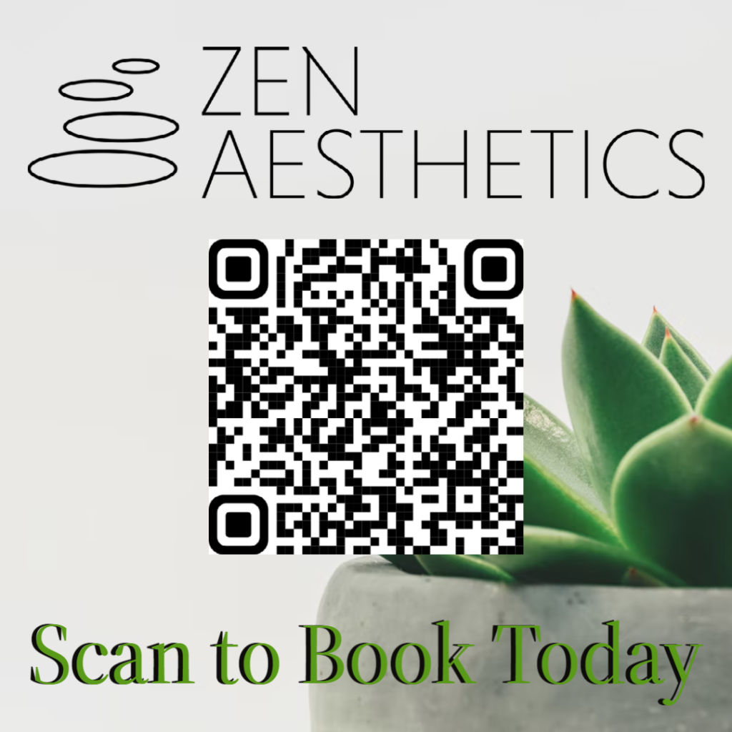 Text: zen aesthetics Scan to book today

Image: green succulant plant in background, qr code in middle