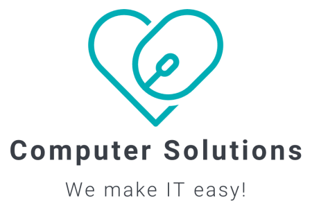Text: Computer Solutions. We make IT wasy! 

Image: teal heart logo with a computer mouse making up right side of heart

