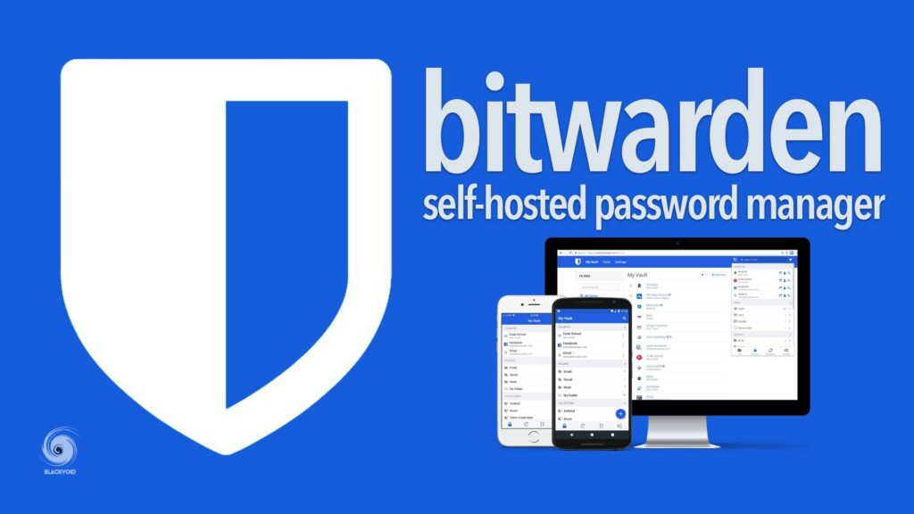 Image: blue background with a white shield icon

Text: Bitwarden, self-hosted password manager