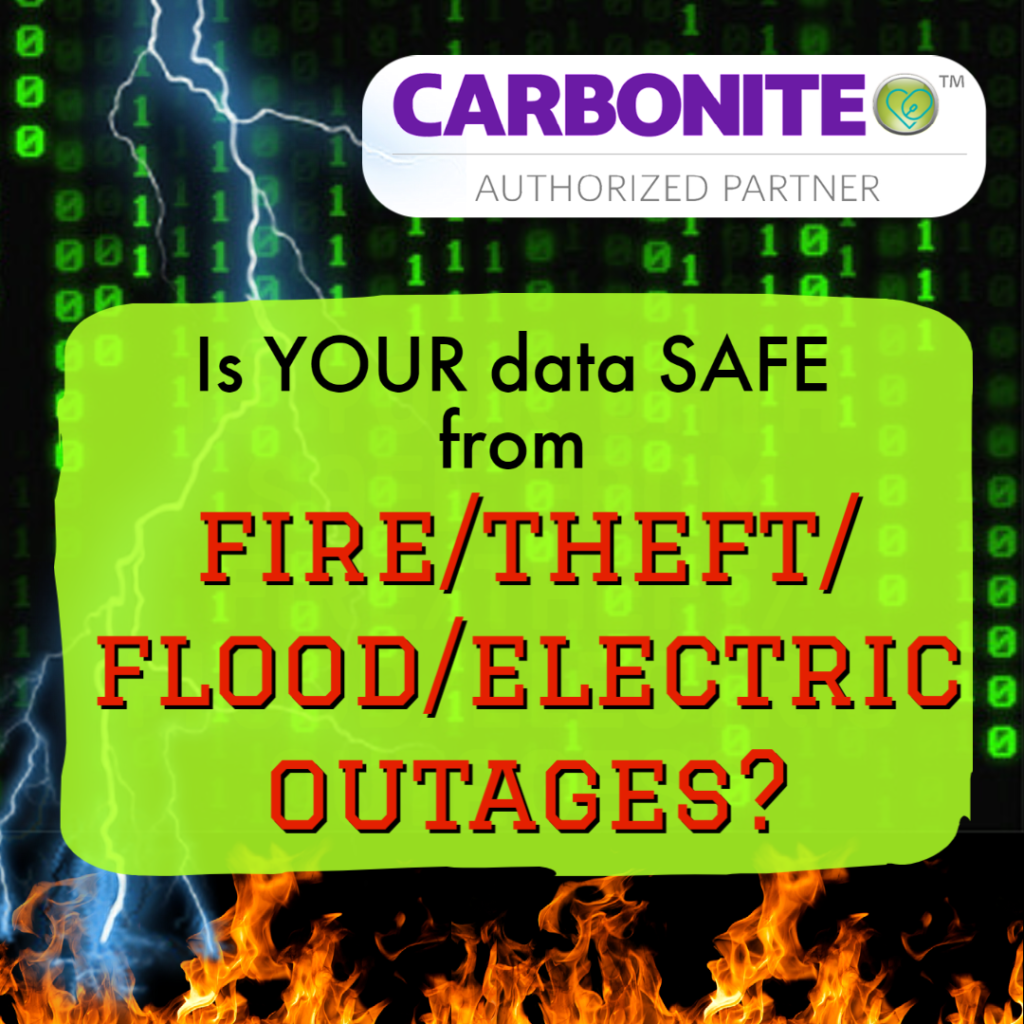 Image: black background with green vertical binary code. Fire on bottom, lighting in top left corner

Text: Is YOUR data SAFE from Fire/theft/flood/electrical outages? 