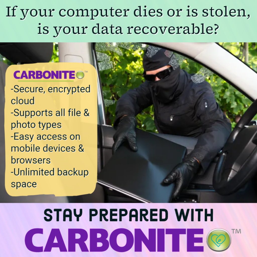 Image: A man in a mask, black clothes and gloves has broken into a car by smasing a window and is removing the laptop from the car 

Text: If your computer dies or is stolen, is your data recoverable?
Stay Prepared with Carbonite!

