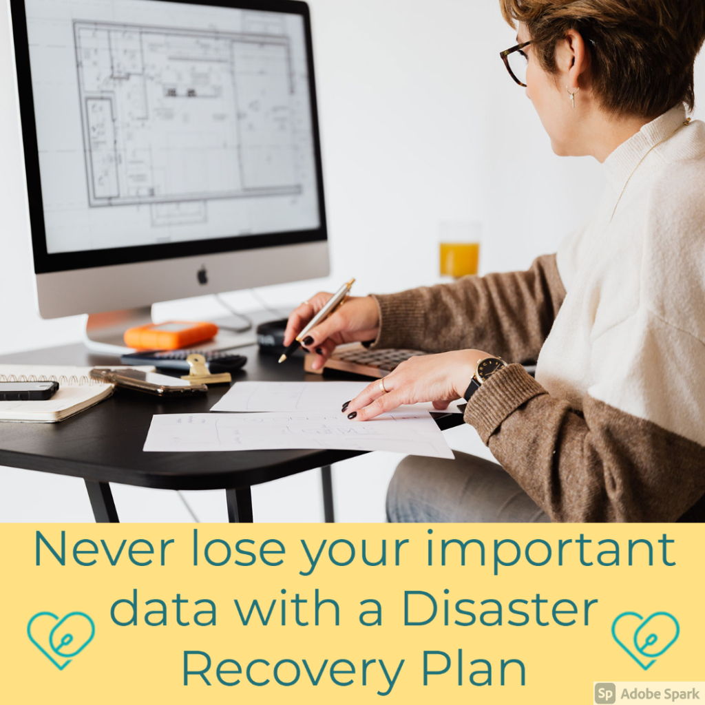 Text: Never lose your important data with a Disater Recovery Plan

Image: a woman is sitting at a black table with her back turned as she is working on a project . The computer on the desk has drafting plans up, and she is looking at them 